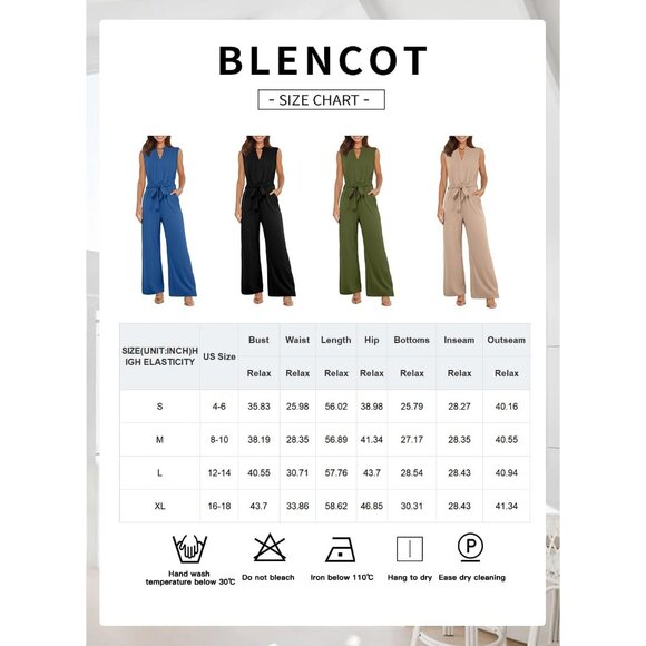 Blencot Women Blue Dressy Summer Belted V Neck Wide Leg Outfits with Pockets - Picture 6 of 6